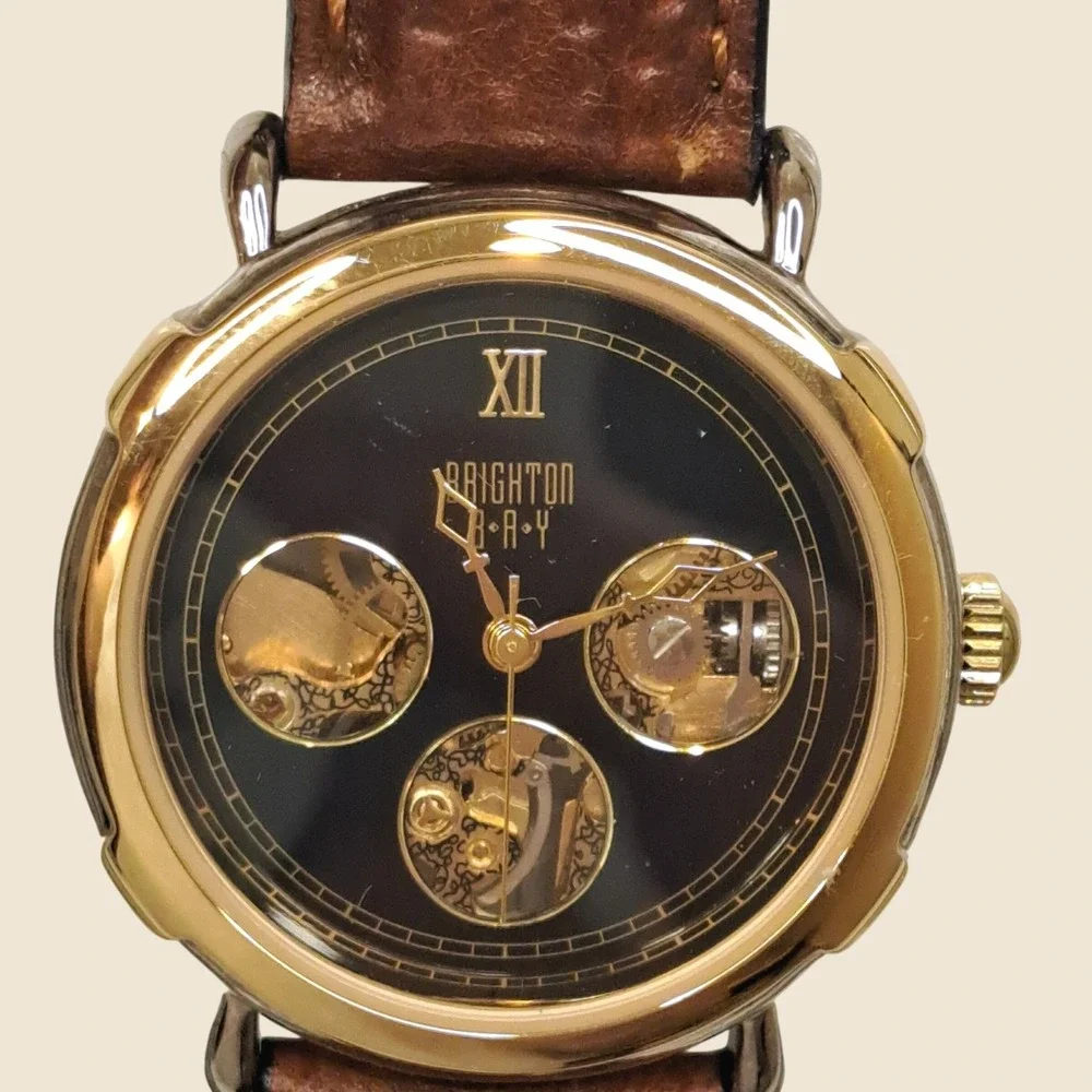 Brighton Bay Mens Mechanical Skeleton Watch Black Dial Gold Case Brown Leather